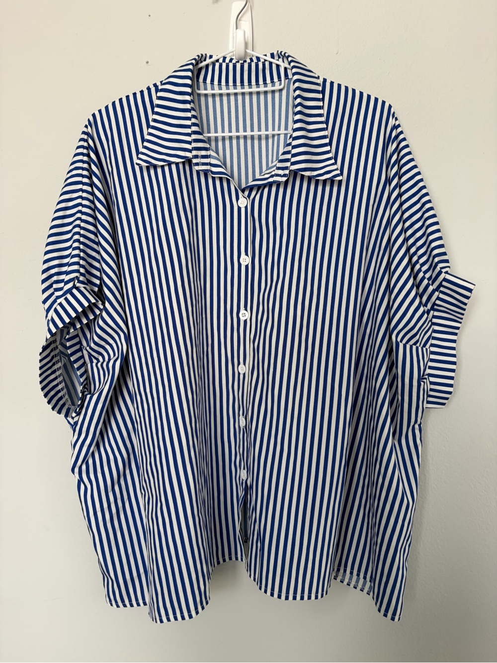 SHEIN Oversized Blue and White Vertical Striped Button-Down Shirt